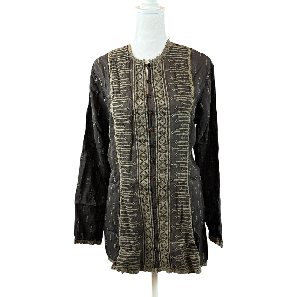 Johnny Was Top Womens S Brown Floral Eyelet Embroidered Tunic Blouse Boho